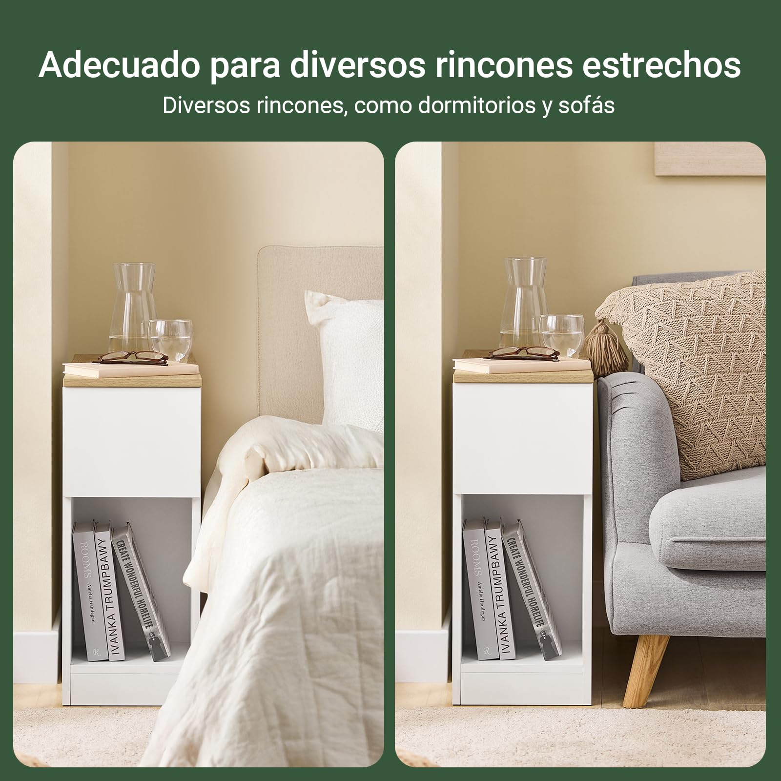 SoBuy Mesa Auxiliar Estrecha - Mesita de Noche con Estante de Almacenamiento y Cajones, Mesa de Noche Ahorra Espacio para Dormitorios Pequeños, 25 x 65 x 60 cm, Blanca y Natural - FBT162-WN