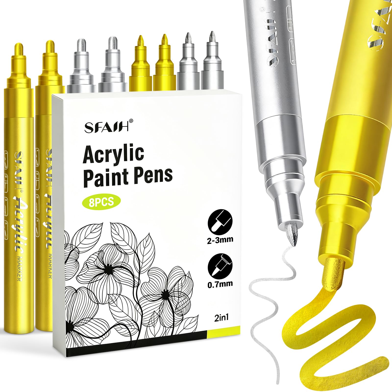 SFAIH 8 Pack Gold &amp; Silver Acrylic Paint Pens Medium Tip &amp; Extra Fine Paint Marker