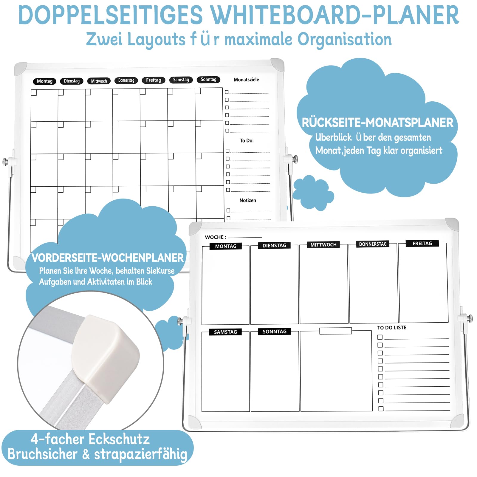 Doppelseitiger Wochen Monatsplaner 30 x 40 cm, Magnetisches Whiteboard Abwischbar mit Tischständer, 12 Markern, Transparenten Magnet-Pins, Radierer und Klebehaken für Küche, Büro Zuhause