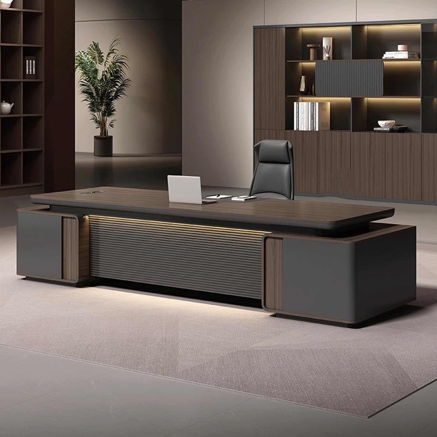 Brown Corner L Shaped Executive Office Desk, Modern Large Computer Desk with Lateral Cabinet Gaming Study Table Business Furniture Set for CEO, Boss, Owners image 3