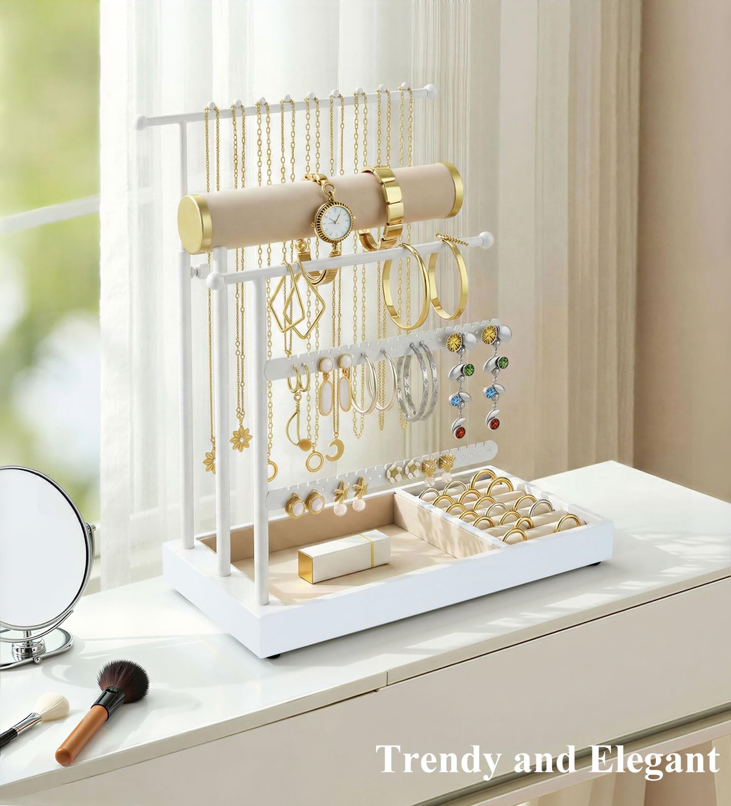Emibele Sostenedor Collares Organizador Joyero Soporte Con Bandeja Terciopelo Organizador Joyero Torre Para Pendientes Brazaletes Y Collares Elegante Torre Joyero Regalos Para Mujeres, Blanco