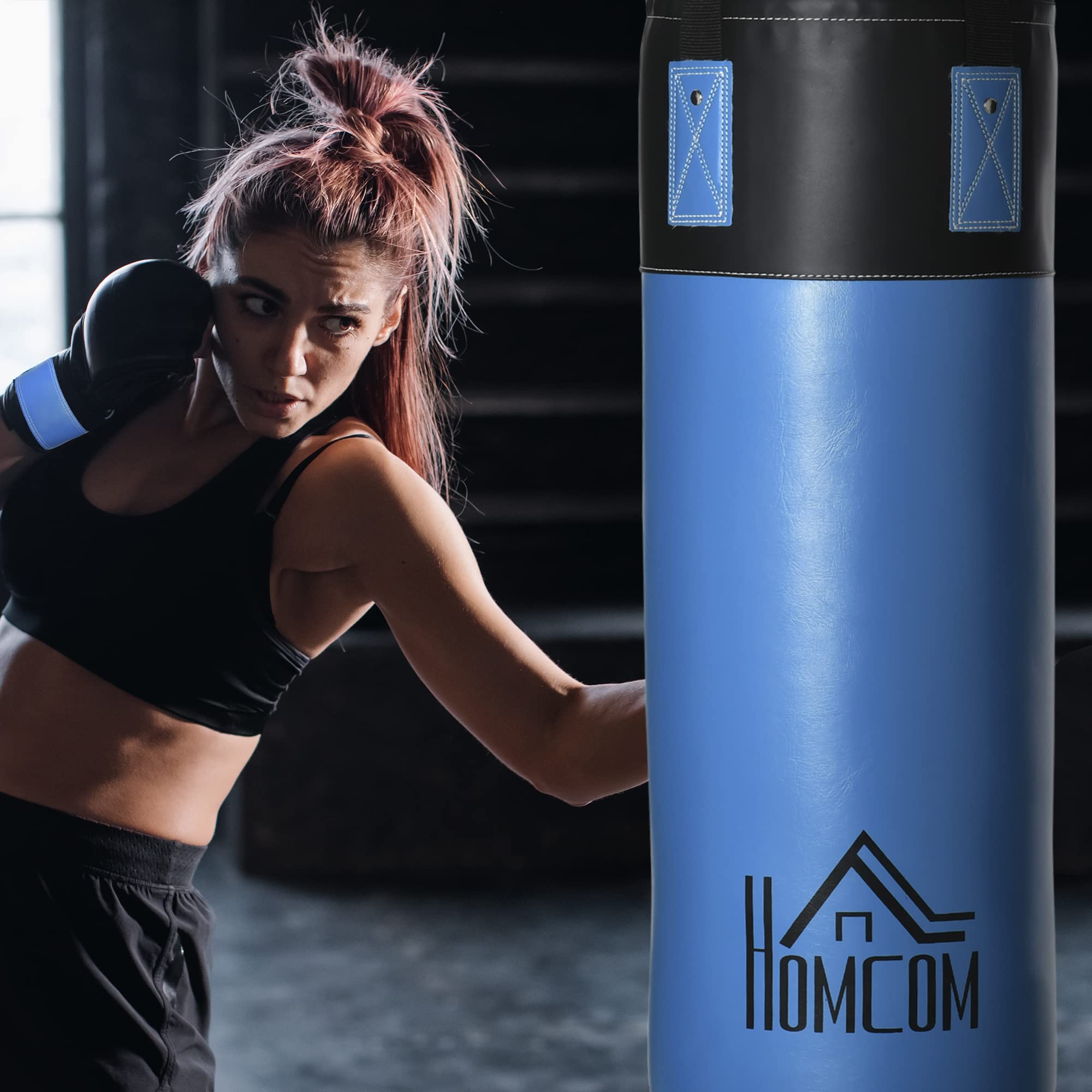HOMCOM Set Sacco da Boxe Pieno da Appendere con Guantoni e Ganci, 102 cm Sacco per Pugilato e Kickboxing a 3 Strati con Borsa di Trasporto per Adulti, Blu