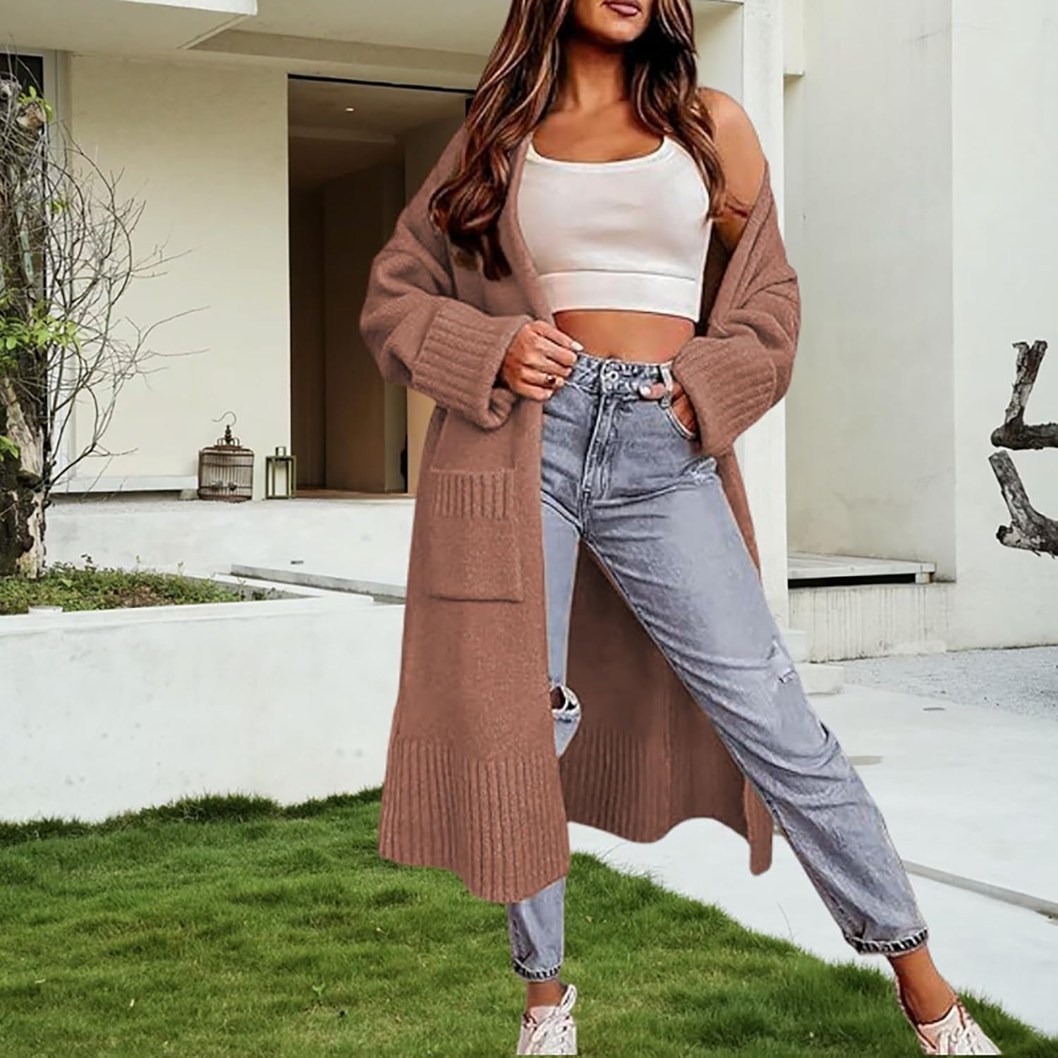 Heevina Cardigan Sweaters for Women Knit Ankle Length Knitted Open Front Long Sleeve Pocket Fall Winter Coat Duster