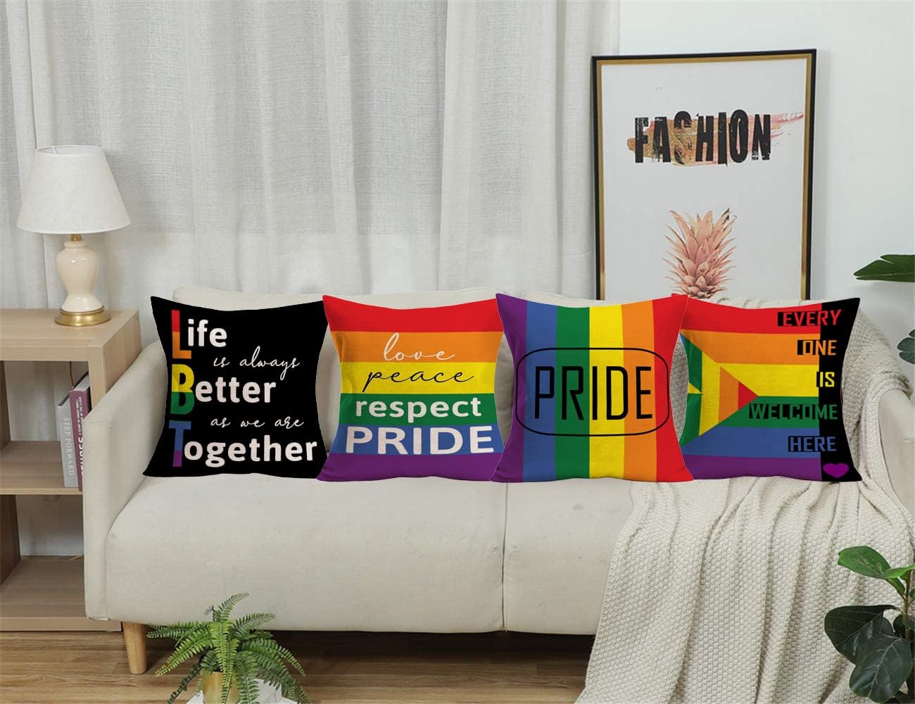 Set of 4 Pride Rainbow LGBT Throw Pillow Covers 20x20 Inch Love Peace Respect Gay Homosexual Lesbian Pride Stripes Pillow Cases Inspirational Quotes LGBTQ Home Decor Cushion Cover