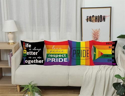 Miniatura 4 de Juego de 4 fundas de almohada de 24 x 24 pulgadas, diseño de arco iris, diseño de amor, paz, respeto, gay, homosexual, lesbiana, a rayas, con citas