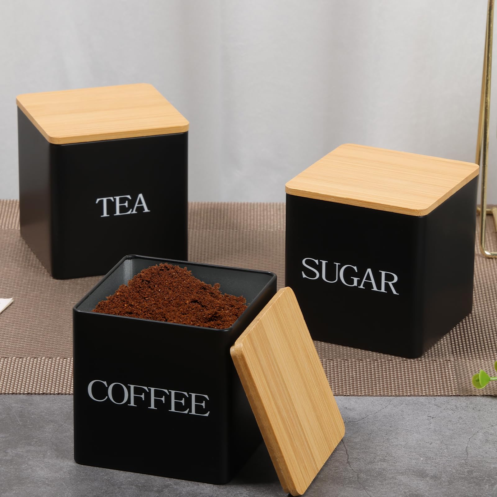 Ghshanog Tea Coffee Sugar Canisters Set, 500 ML 3 Piece of Metal Canister Storage Jar Container Set With Airtight Bamboo Lid,Multi-Purpose Space Saving Sealed Kitchen Food Storage Containers (Black)