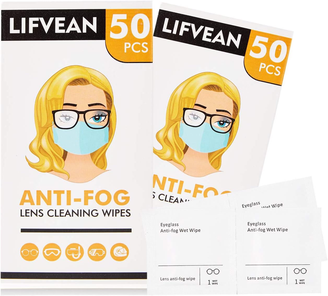 LIFVEAN Anti-Fog Wipes for Glasses Lens Pre-moistened Cleaning Wipes for Eyeglasses, Face Shields, Goggles, Ski Masks, 100 Pcs Individually Wrapped