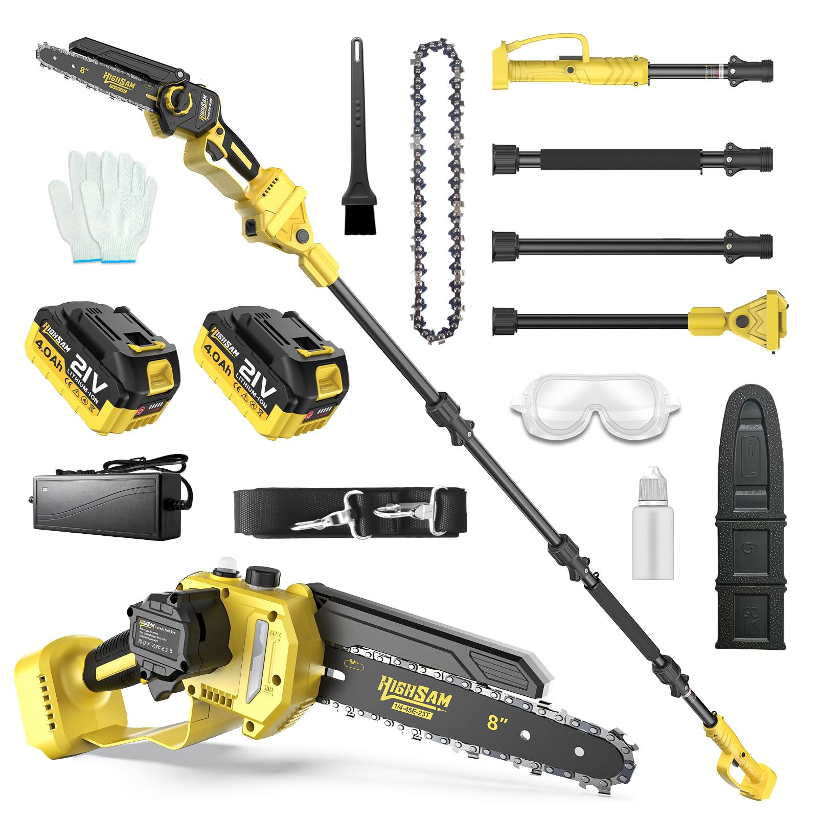 2-en-1 Tronçonneuse à Batterie & Scie à Élaguer, Moteur Sans Balais Compatible Makita 18V, 8 Pouces Mini Tronçonneuse, 2×4.0Ah, Perche 4.2m, Tête 180°, Élagage Branches & Coupe Bois (yel)