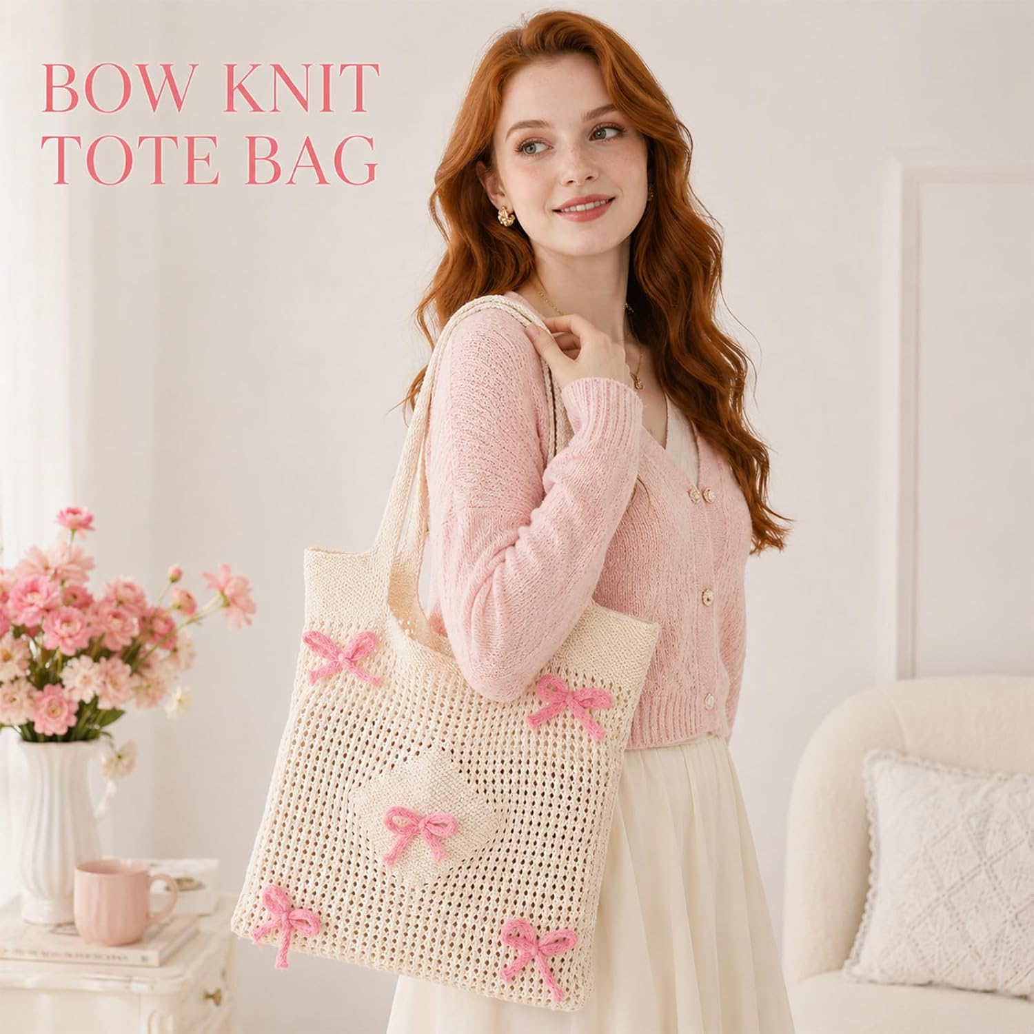 Crochet Tote Bag for Women Coquette Knit Beach Bag with Bows Summer Beach Tote Beaches Mesh Knitted Shoulder Bags Boho Mesh Handbag for Summer Vacation
