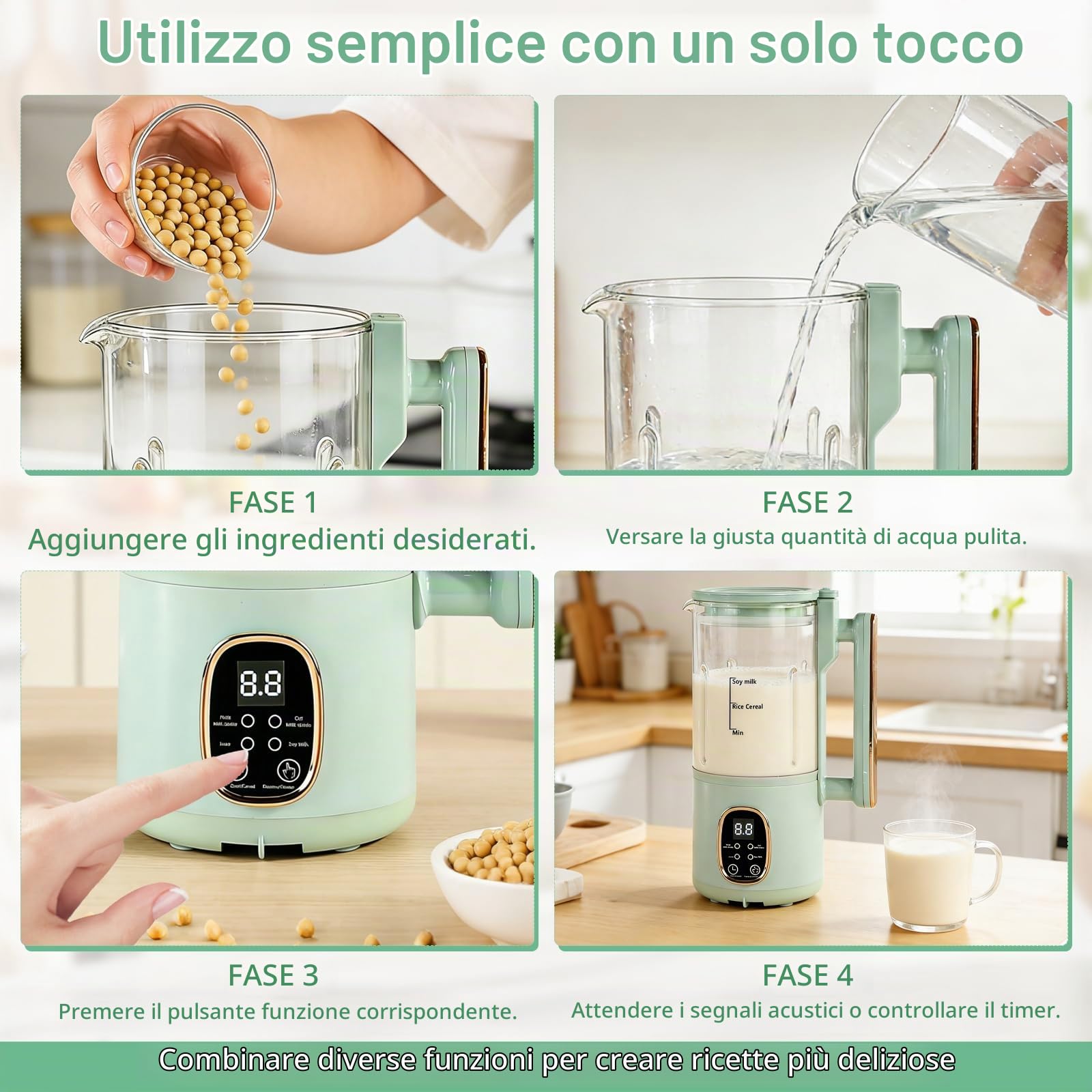 Macchina latte di soia 800 ml, preparatore latte vegetale, testa macinazione inox 20 lame, programmi intelligenti, sicurezza bambini, spegnimento automatico, mantenimento caldo, autopulizia