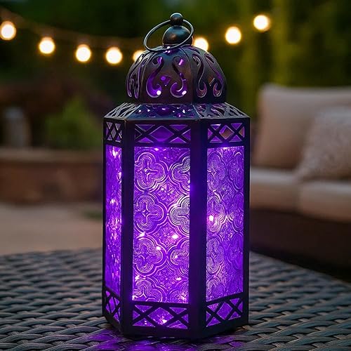 12" Black Metal Moroccan LED Fairy Lights Lantern - Purple