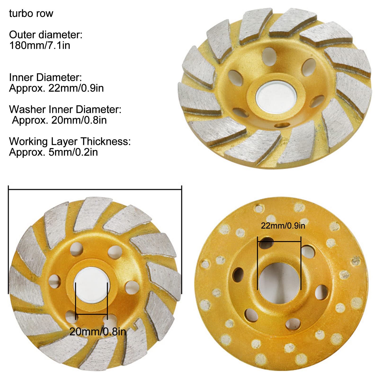 Disco de Lijado, Muela Abrasiva de Copa Disco Abrasivo de Doble Hilera Alta Eficiencia Bruscamente para Hormigón Cemento Granito Mármol Piedra/180Mm/180Mm