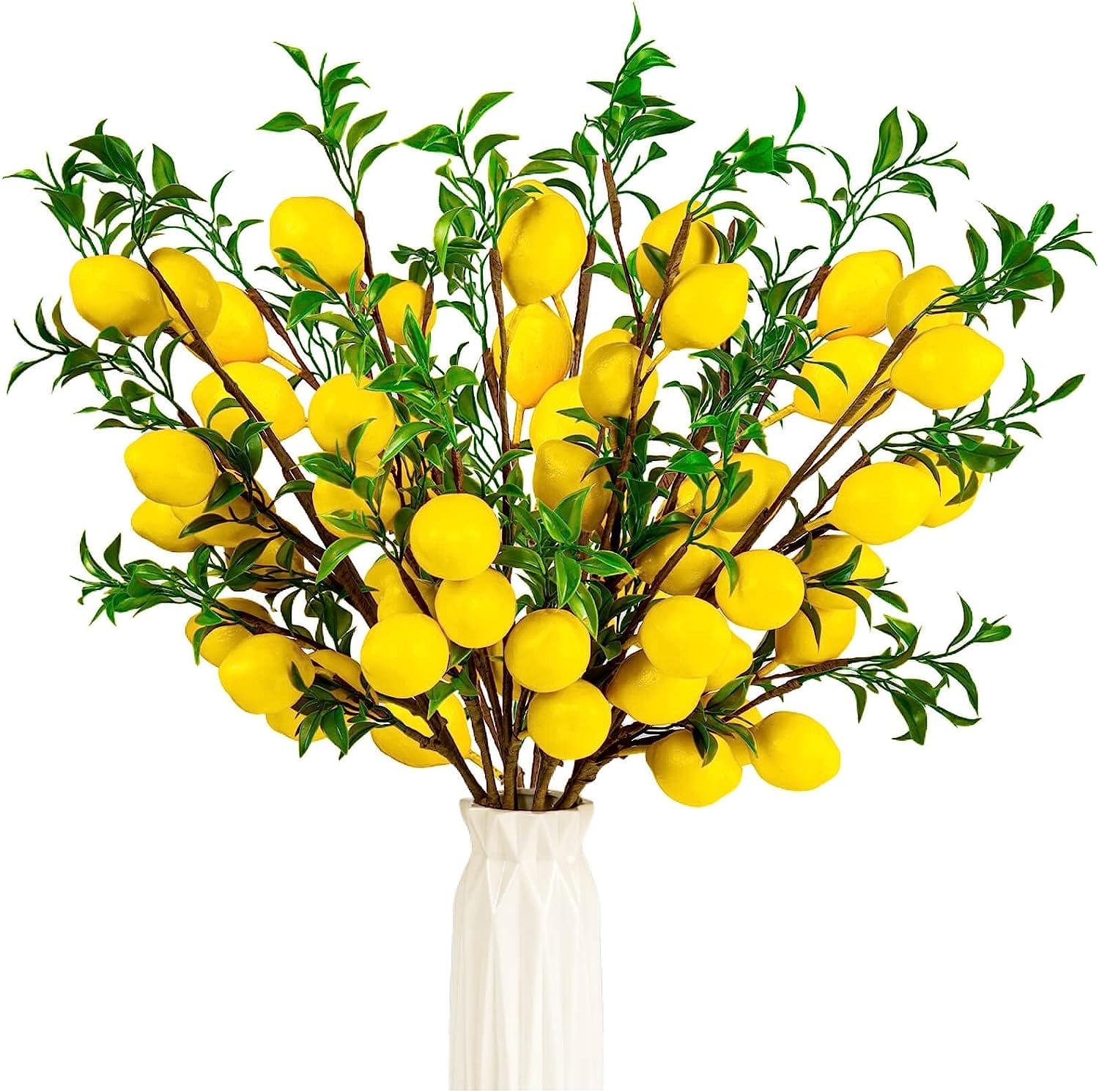 Paporich Artificial Lemons Branch, Vivid Yellow Fake Lemons Branch with Green Leaf and Adjustable Branch, Lemon Decor for Home Kitchen, Graden, Desk, Party Decorations (Set of 4)