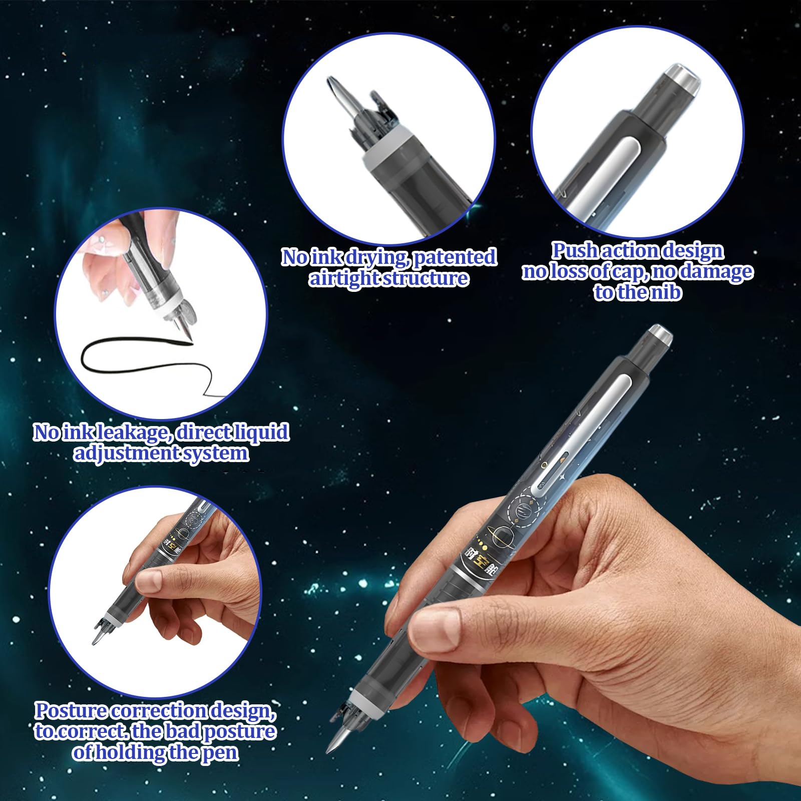 Uoxmiy 2 PCS Retractable Fountain Pen, 0.38mm Refillable Ink Press Fountain Pens, Transparent Barrel Retractable Pen with 10 PCS Ink Sac for Writing, Painting, School, Office (Dark Blue/Black) - Image 2