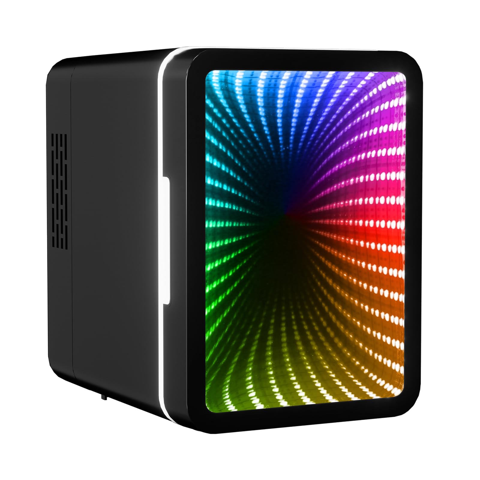 Mini Fridge, 6 Cans Small Refrigerator With LED Light, AC/DC Thermoelectric Cooler and Warmer, Ideal for Bedroom, Office, Gaming Room and Car, 12 Colors Light Effects, Mirror Screen Door