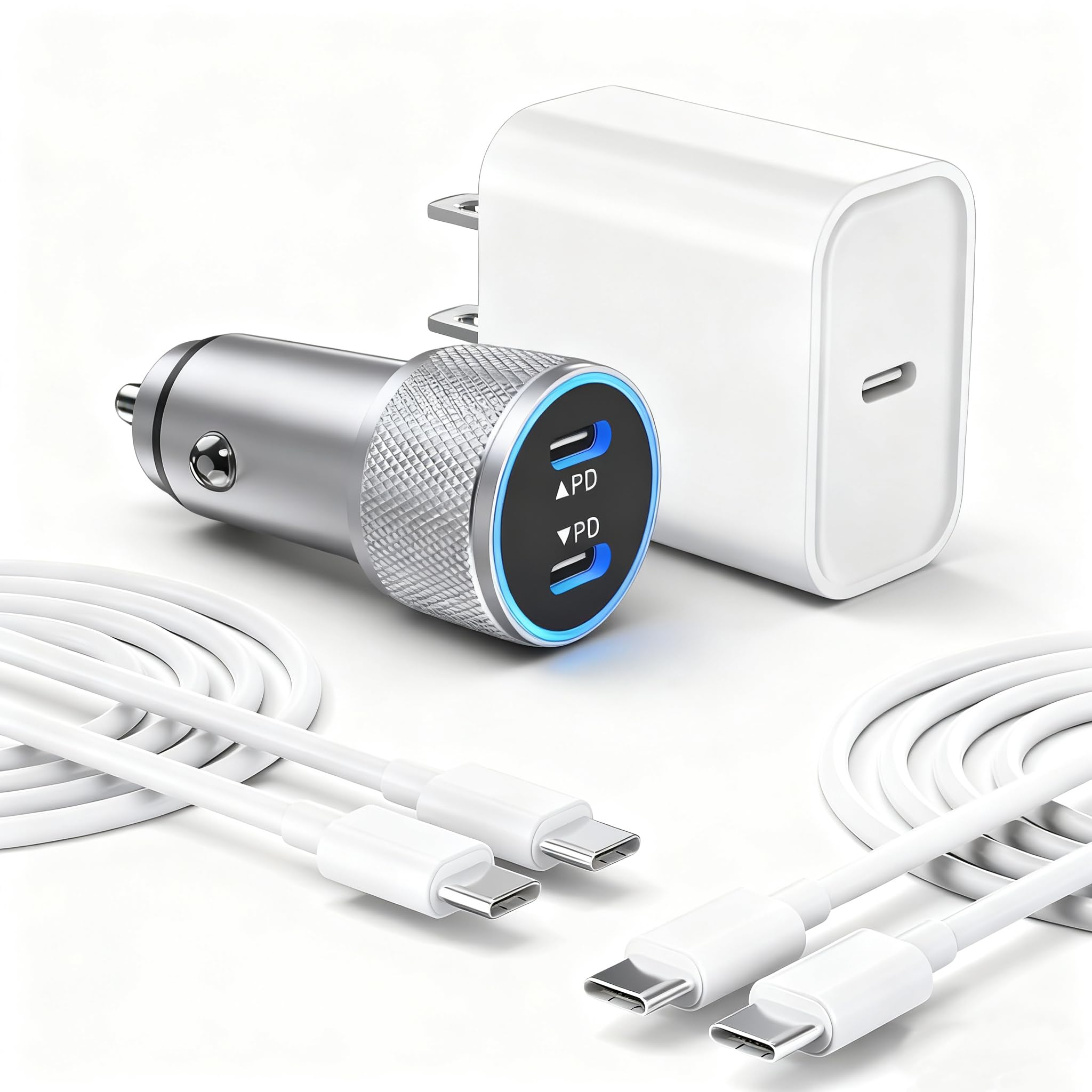 iPhone 17 16 15 Kfz-Ladegerät, 20 W Dual Port USB C Schnellladegerät mit 20 W PD Typ C Adapter + 2 Pack 3FT USB C auf C Ladekabel Schnellladung für iPhone 17/17 Pro/Air/16e/16/15 Pro Max/Airpods/iPad