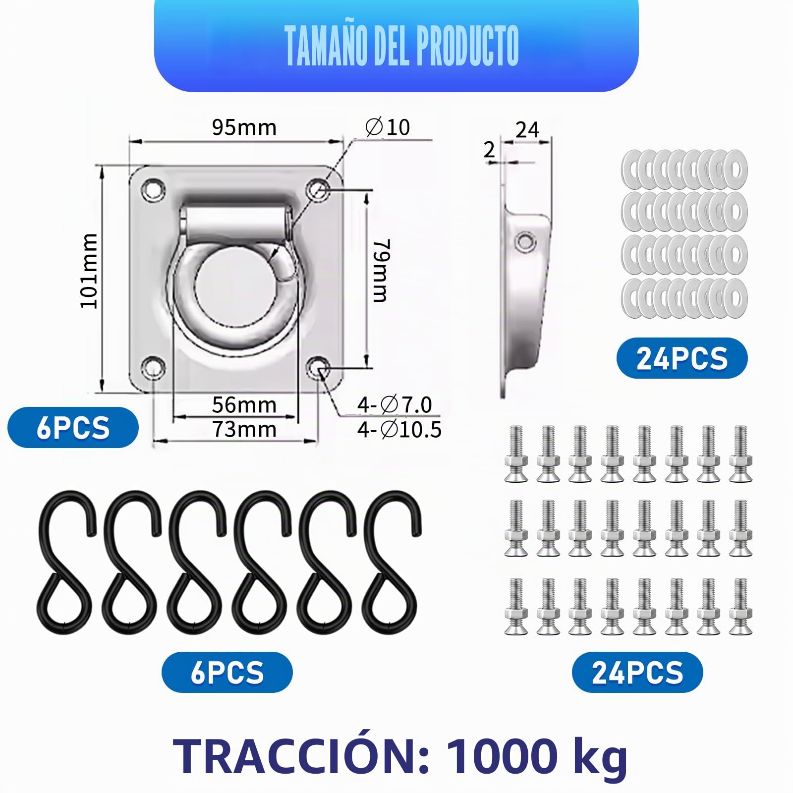 6 Piezas Anillos de Sujeción Tráiler Ganchos de Amarre 1000 Dan (1000KG) Anillas de Amarre con Contraplacas y Tornillos Accesorios para Remolque, fijación para el Transporte de mercancías
