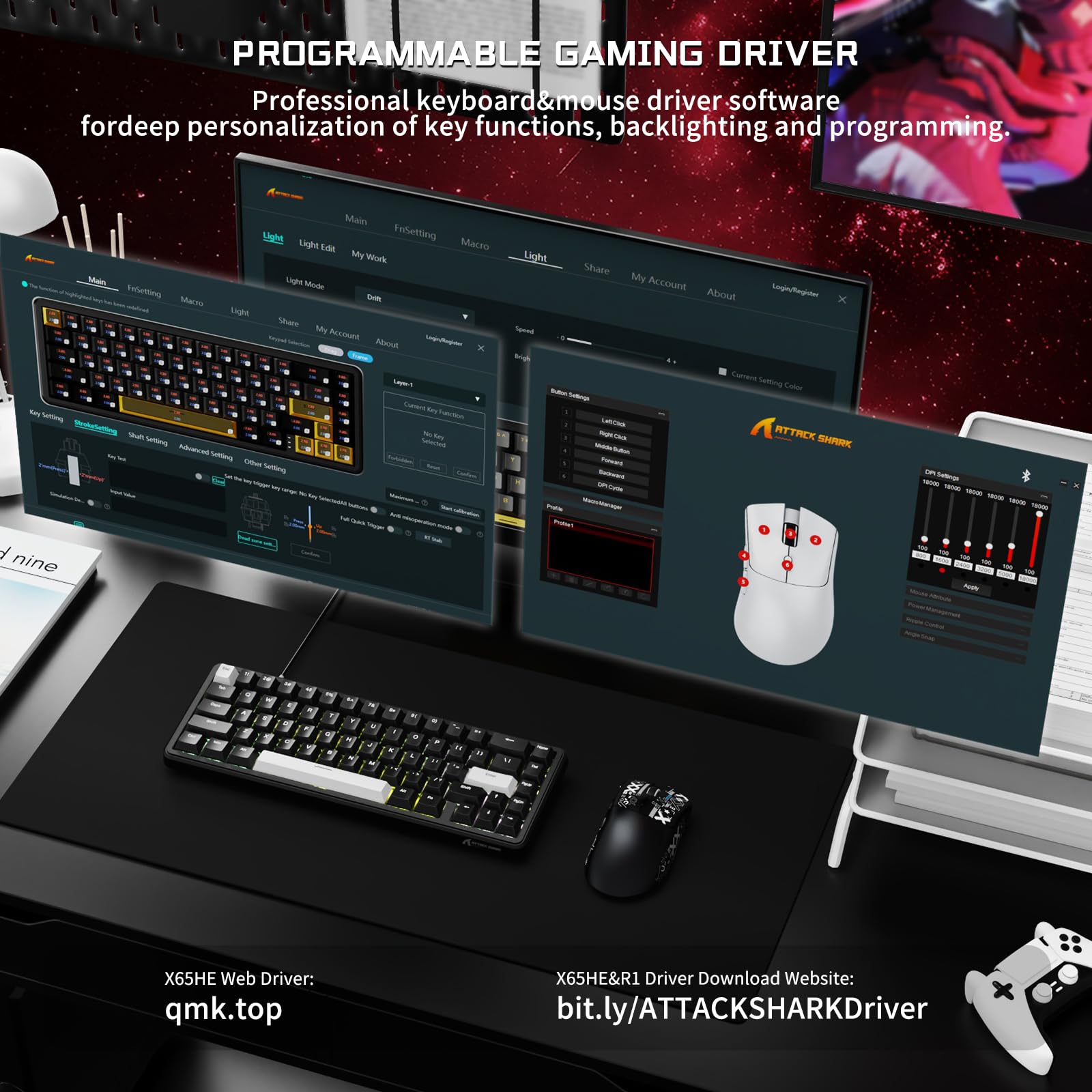 ATTACK SHARK Combo Tastiera & Mouse Gaming, X65 HE Tastiera Magnetica Cablate e R1 Mouse Wireless 59g Superleggero (8000Hz, RT 0,01mm, RGB, Batteria 65h) - Nero