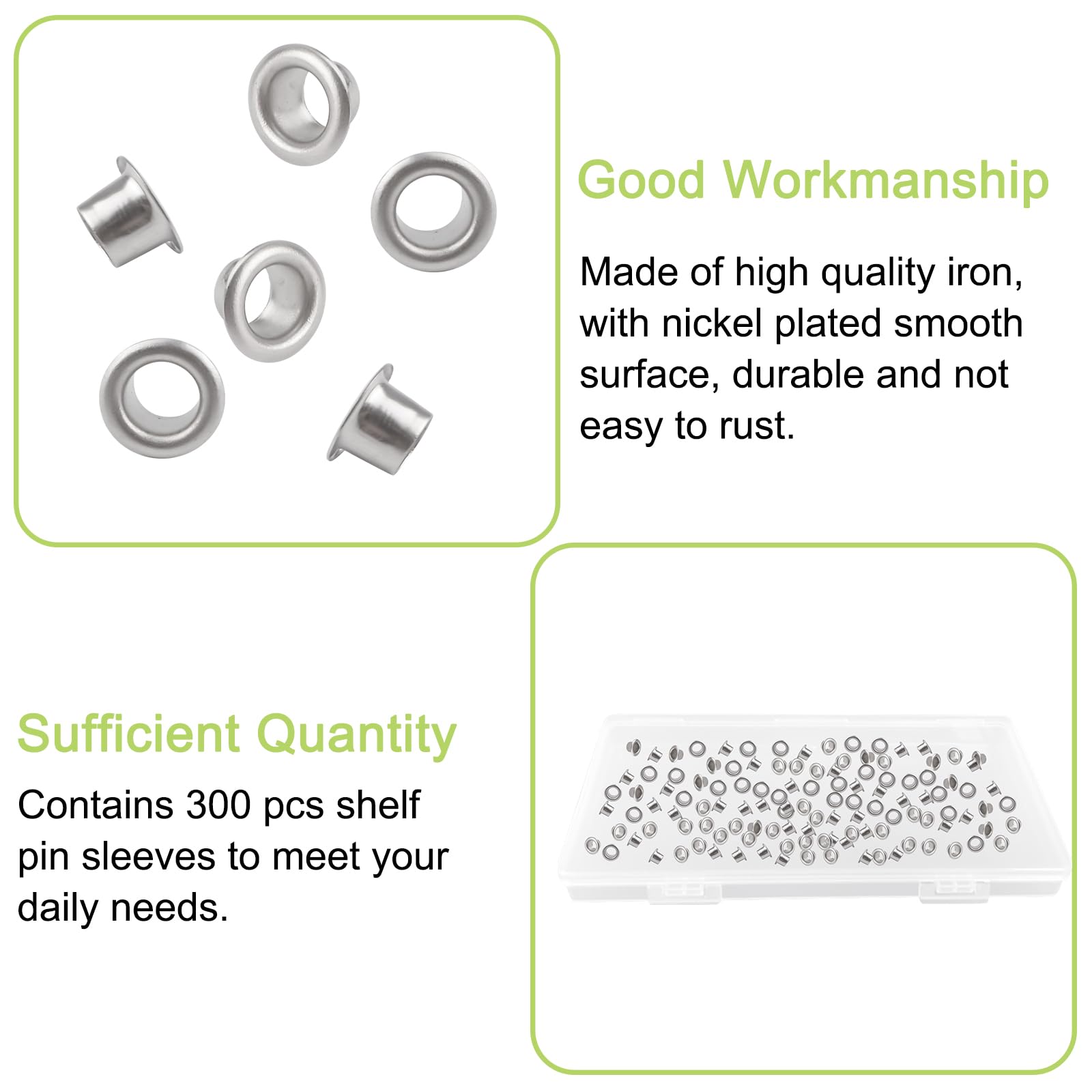 Shelf Pin Caps, 300PCS Nickel Plated Shelf Pin Sleeves with Hole Heavy Duty Shelf Pins Reinforcement Grommets for Bookshelf, Cabinet, Closet Shelves Bracket (5mm) — Amazon image 4