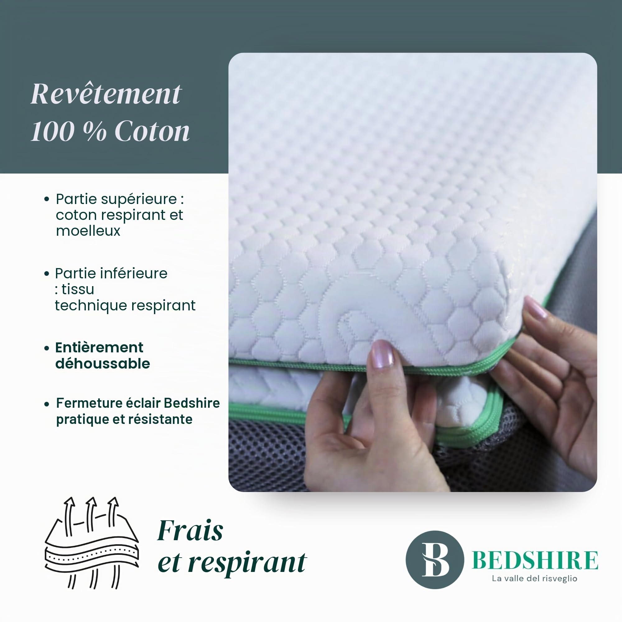 Bedshire Surmatelas Correcteur Français 140 x 200 en Mousse à Mémoire de Forme, Hauteur 6 cm, avec Revêtement Déhoussable Futon Orthopédique, Fabriqué en Italie