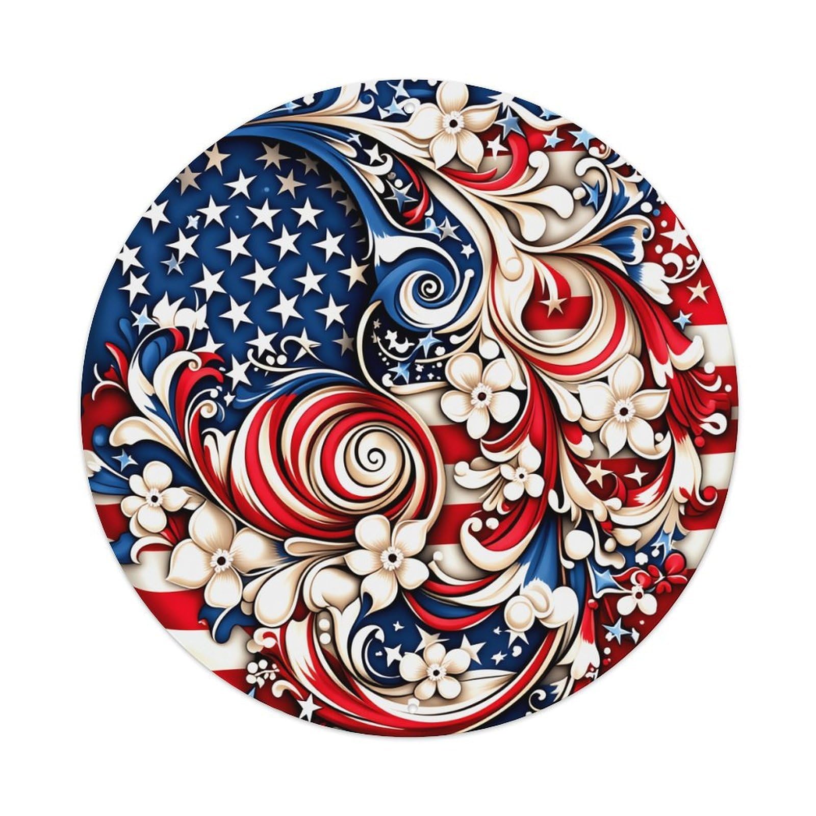 American Flag Floral Swirl Design Round Tin Sign Vintage Metal Poster, Home Bar Garage Man Cave Cafe Indoor & Outdoor Wall Decoration 8x8Inches
