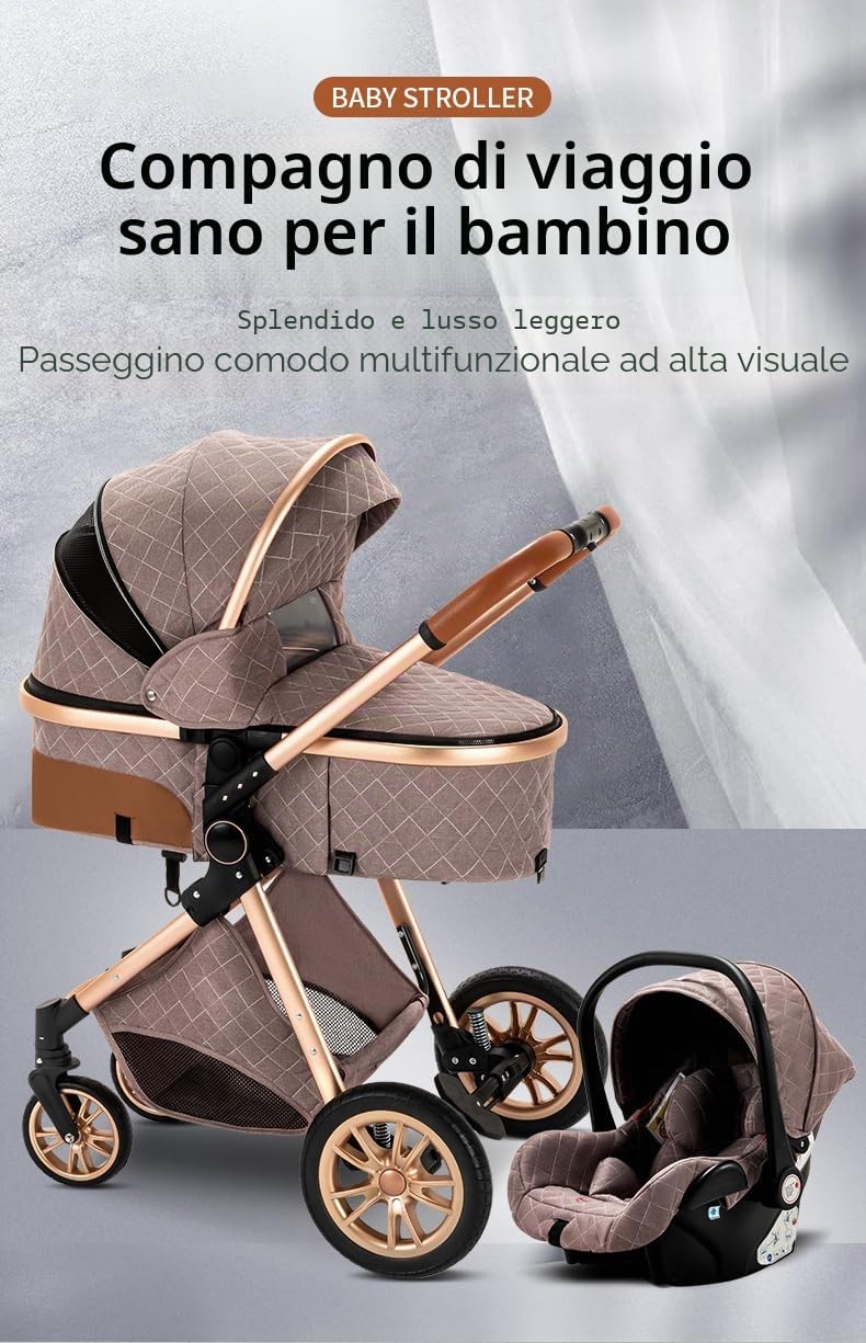 GLOKID passeggino trio 3 in 1, pieghevole, carrozzina reversibile fronte mamma e strada, sistema modulare con carrozzina per neonati, con borsa, zanzariera e parapioggia (PTV9 Cioccolato)
