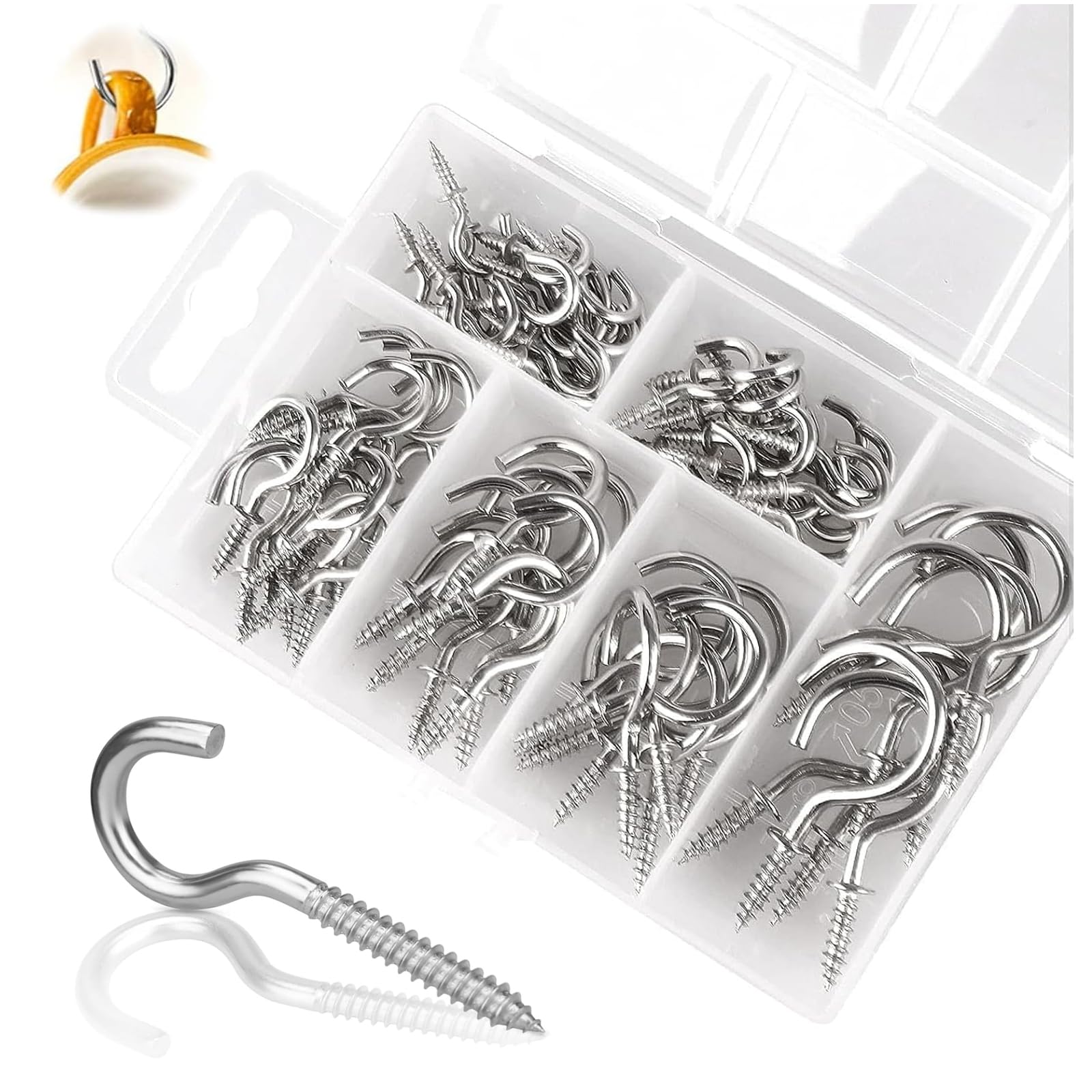 Oonoywoo Silver 75Pcs Screw Hooks, Small Hooks, Ceiling Hooks, Cup Hooks Screw In, Mini Screw Hook, Metal Ceiling Screw Hook For Fairy Lights Hanging Plants, Cups, Art( 6 Sizes)