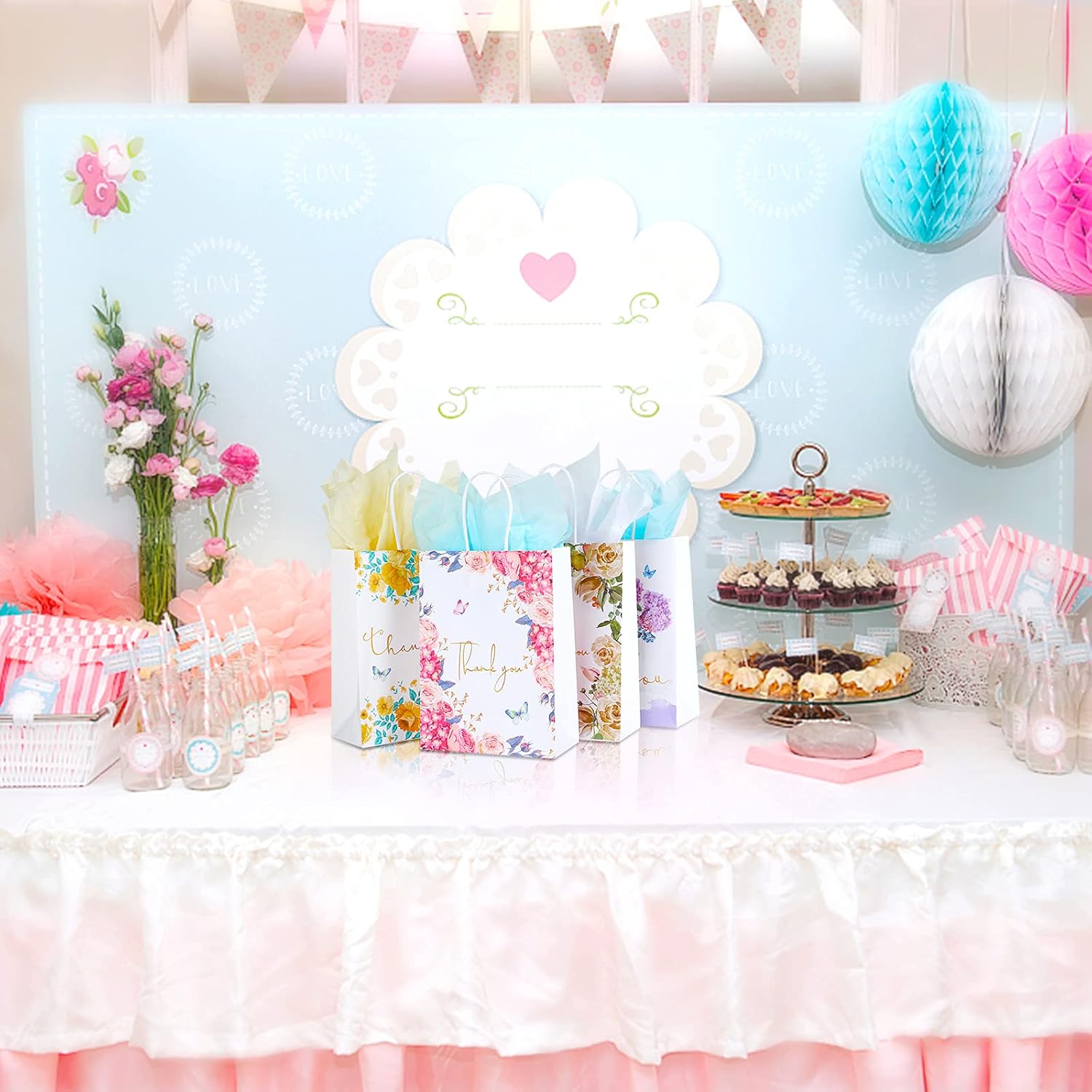 Kesote Thank You Gift Bags 24 Pack Floral Design Small Thank You Bag with Handles, 8.6" X 6.2" X 3" White Kraft Paper Bag Favor Bags Gift Bags for Small Business Wedding Bridal Shower Baby Shower - Image 6