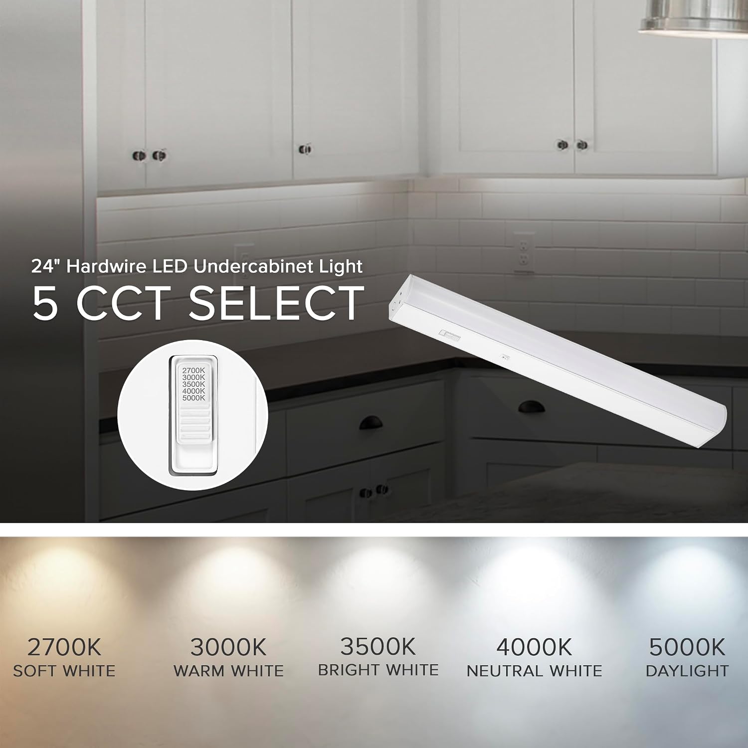 Maxxima 24 in. Hardwired LED Under Cabinet Light - 1100 Lumens, 5 CCT, Color Temperature Slide Control, 2700K/3000K/3500K/4000K/5000K, Kitchen and Indoor Lighting Fixture, White, On/Off Switch, ETL