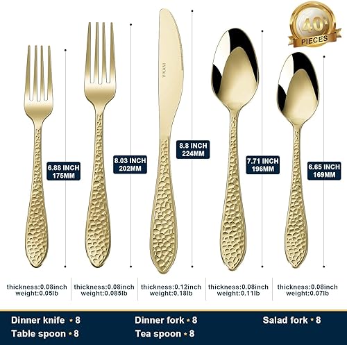 Miniatura 4 de Arlox - Juego de cubiertos color champán de 40 piezas, acero inoxidable, dorado, juego de cubiertos martillados, servicio para 8, pulido espejo,