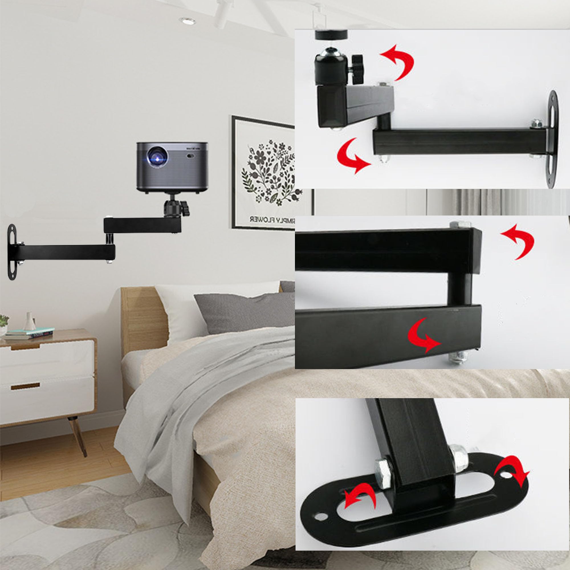 Uchwyt ścienny do projektora, regulowany stojak do projektora, obracany o 360°, metalowy stojak na projektor z przyłączem śrubowym 1/4", składany stojak do projektora do kina domowego, biura, pokoju