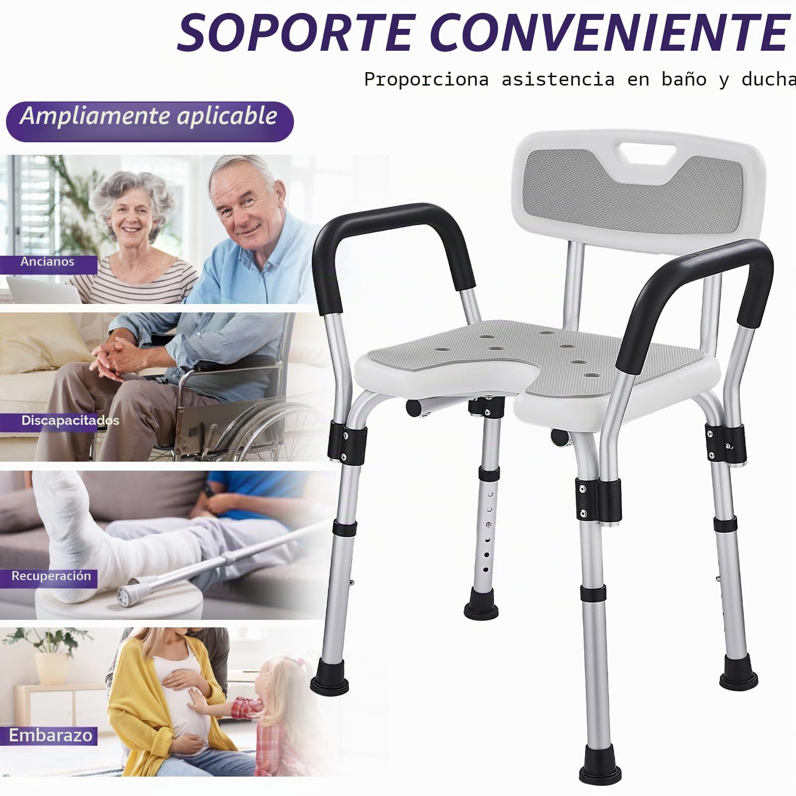 Silla de Ducha para Mayores en U Taburete Ajustable de 6 Alturas Reposabrazos, Silla de Bañera de Aluminio con Antideslizante Asiento para Ducha Interior, Antideslizante Seguridad hasta 150kg