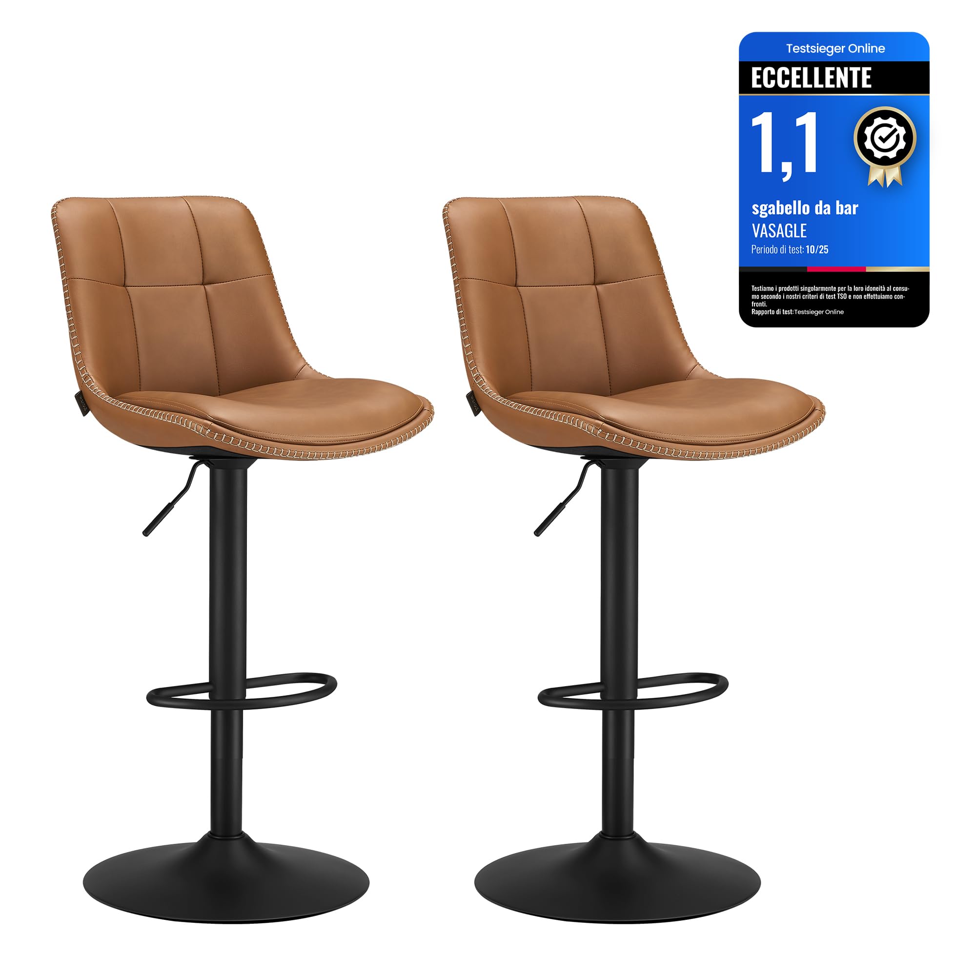 VASAGLE Set of 2 Bar Stools, Height Adjustable Swivel High Chairs, PU Padded, Kitchen Chairs with Backrest and Footrest, Dining Room, Counter, Steel, Caramel Brown LJB095K01