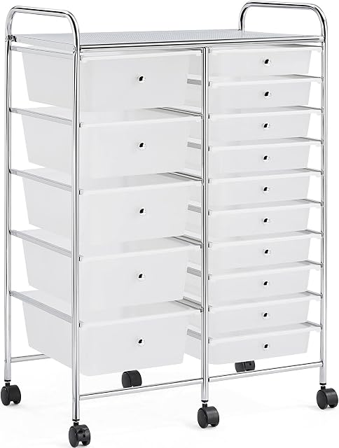 Yaheetech 10/12/15/20 Drawers Plastic Storage Cart, Multipurpose Mobile Organizer Unit with 4 Lockable Wheels, Utility Rolling Trolley for Home Office School Salon & Beauty, 15 Drawers, White