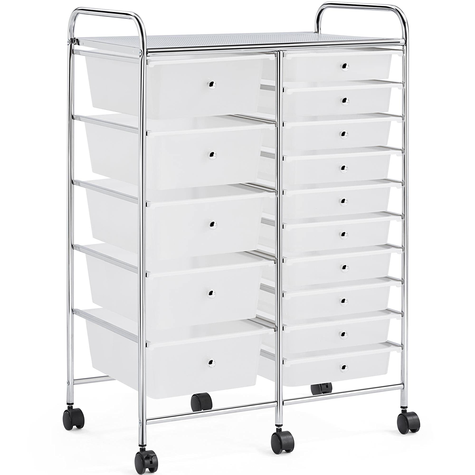 Yaheetech 15 Drawers Plastic Storage Cart, Multipurpose Mobile Organizer Unit with 4 Lockable Wheels, Utility Rolling Trolley for Home Office School Salon & Beauty, White