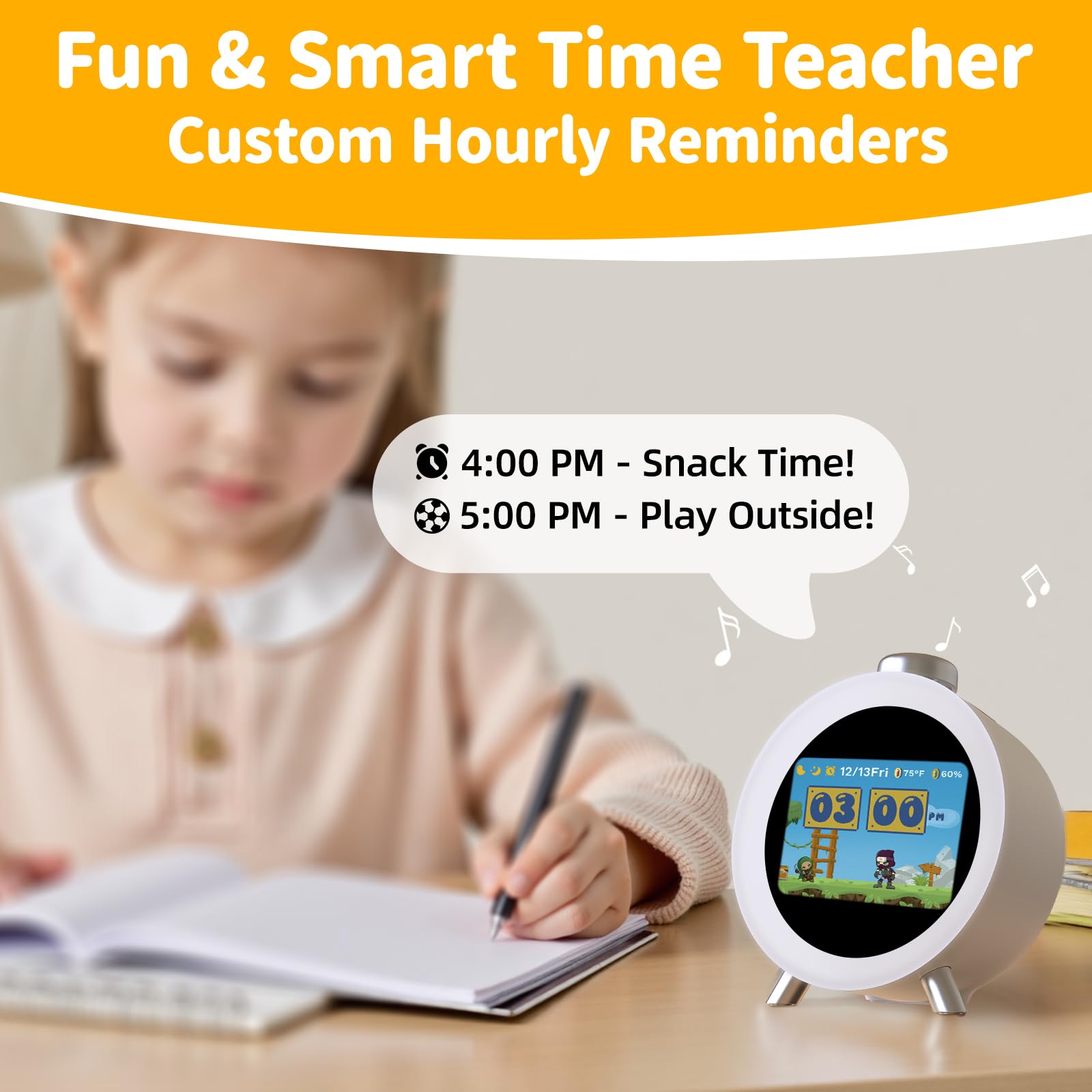 Dekala Despertador Infantil Caja Redonda con Pantalla IPS, Sensor De Temperatura & Humedad, Temas Interactivos, Sonidos De Sueño, Alarmas Personalizables para Niños Y Niñas (gris)