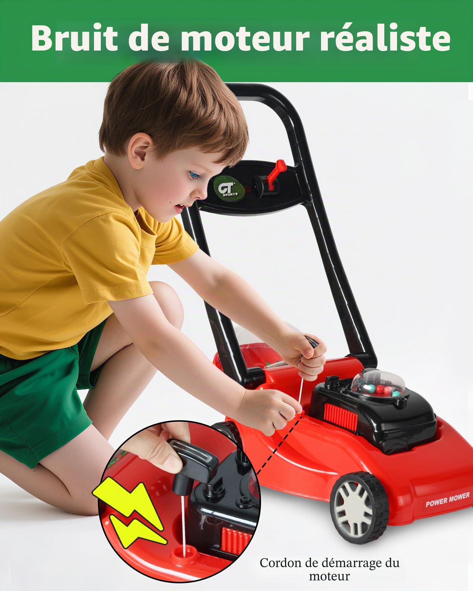 Tondeuse à gazon pour enfant avec action de coupe d'herbe réaliste et sons – Pas besoin de piles | Tondeuse à gazon pour enfants, jouet amusant pour enfants (rouge)