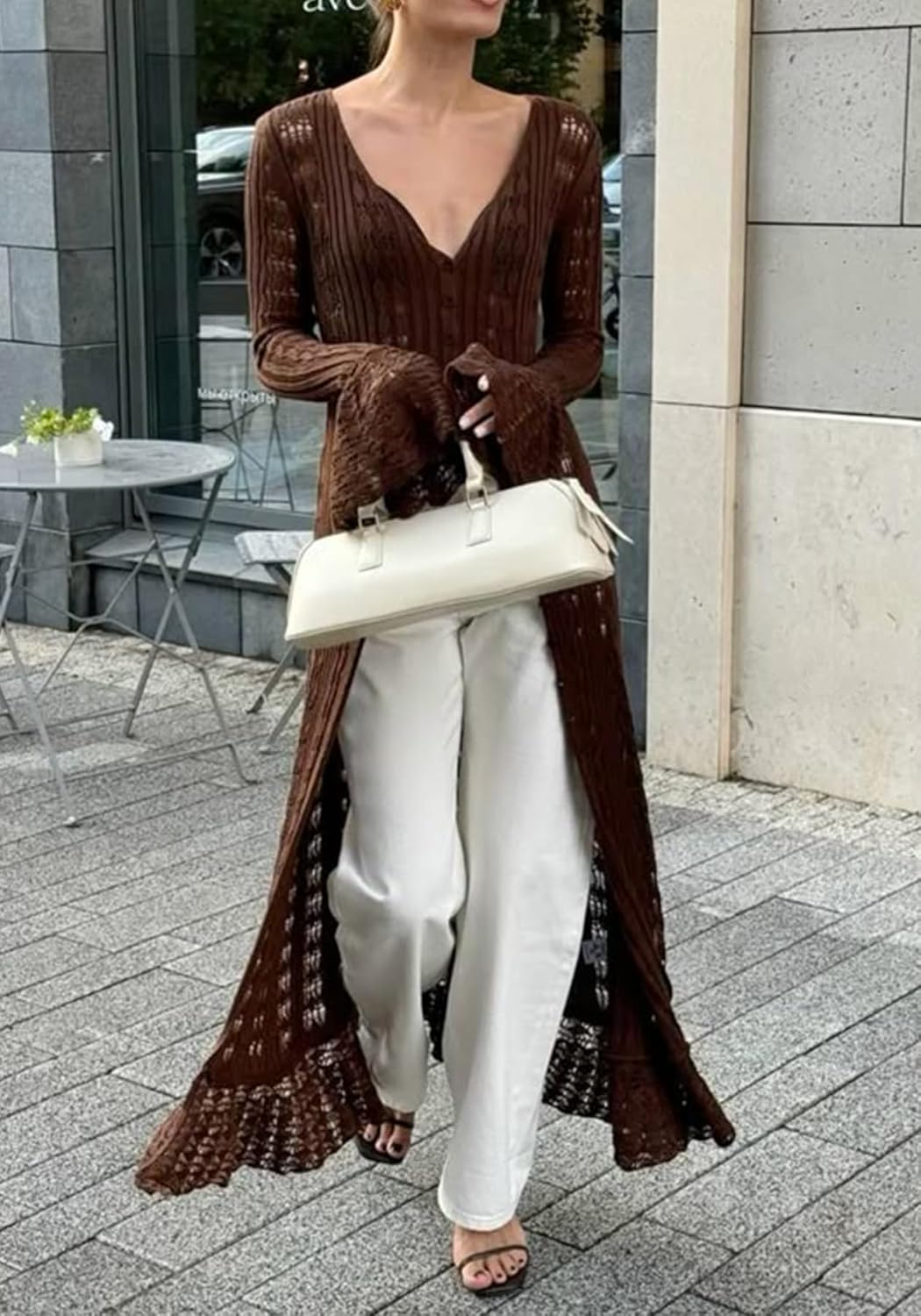 NRTHYE Women Long Crochet Cardigans Button up Knit Hollow Out Elegant Duster Sweaters Cover Up Maxi Dress - Image 2
