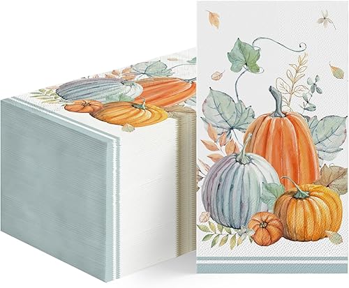 Horaldaily 100 servilletas decorativas de papel desechables de otoño, toalla de mano de calabaza de acuarela de Acción de Gracias para fiesta,