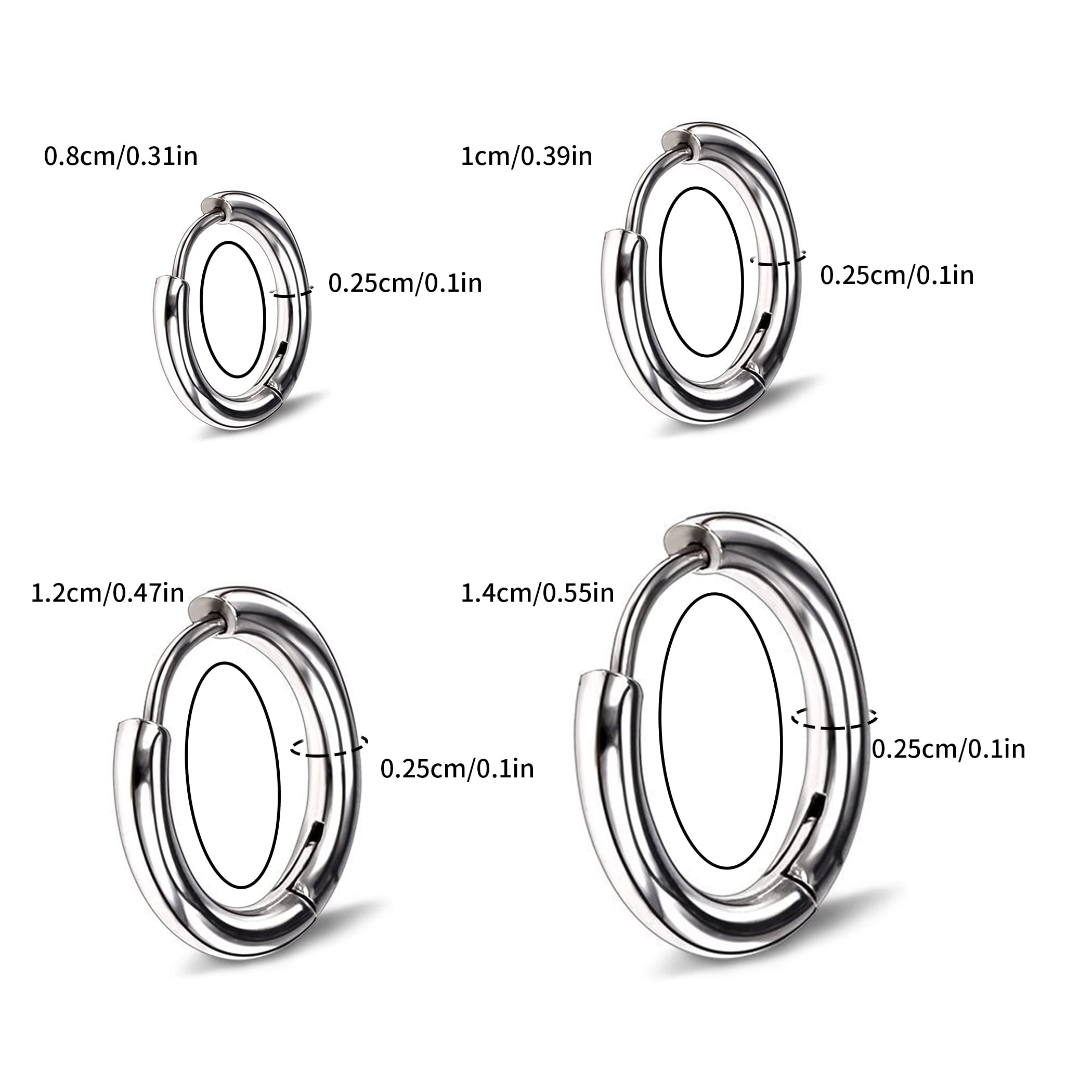 4 paia di orecchini Argento a cerchio per uomini e donne, leggeri, cartilagine, ipoallergenico, 8-14 mm, Acciaio Inossidabile Piccoli