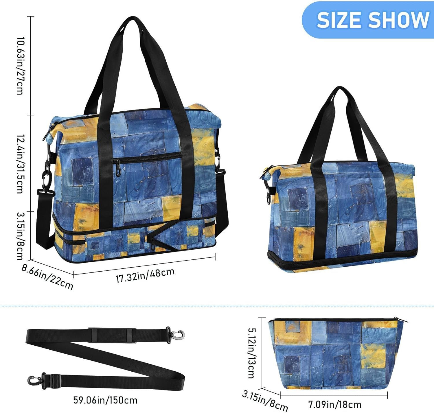 Yellow and Blue Square Workout Bag Overnight Carry On Tote and Luggage with Toiletry Bag for Gym Foldable