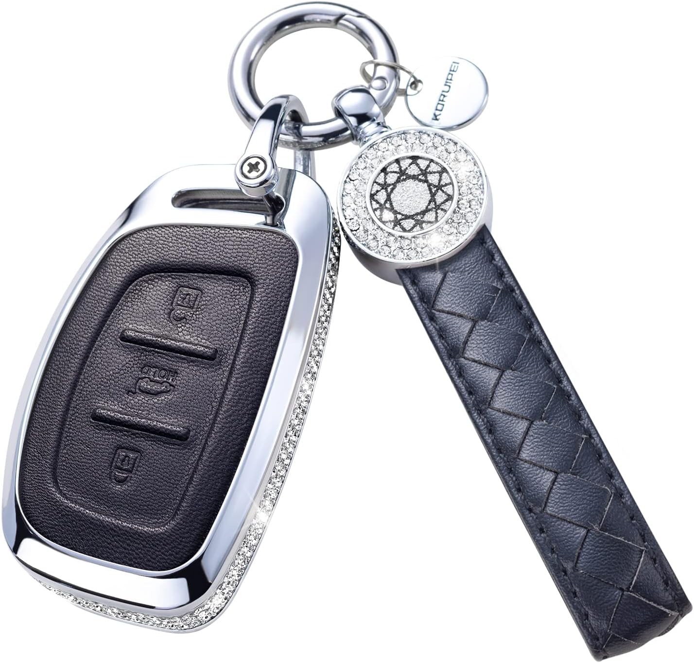for Hyundai Elantra Key Fob Cover with Keychain Genuine Leather Crystal Key Case Protector Compatible with 2021 2020 2019 Hyundai Elantra Ioniq Sonata Tucson Elantra GT Smart Key (Black)