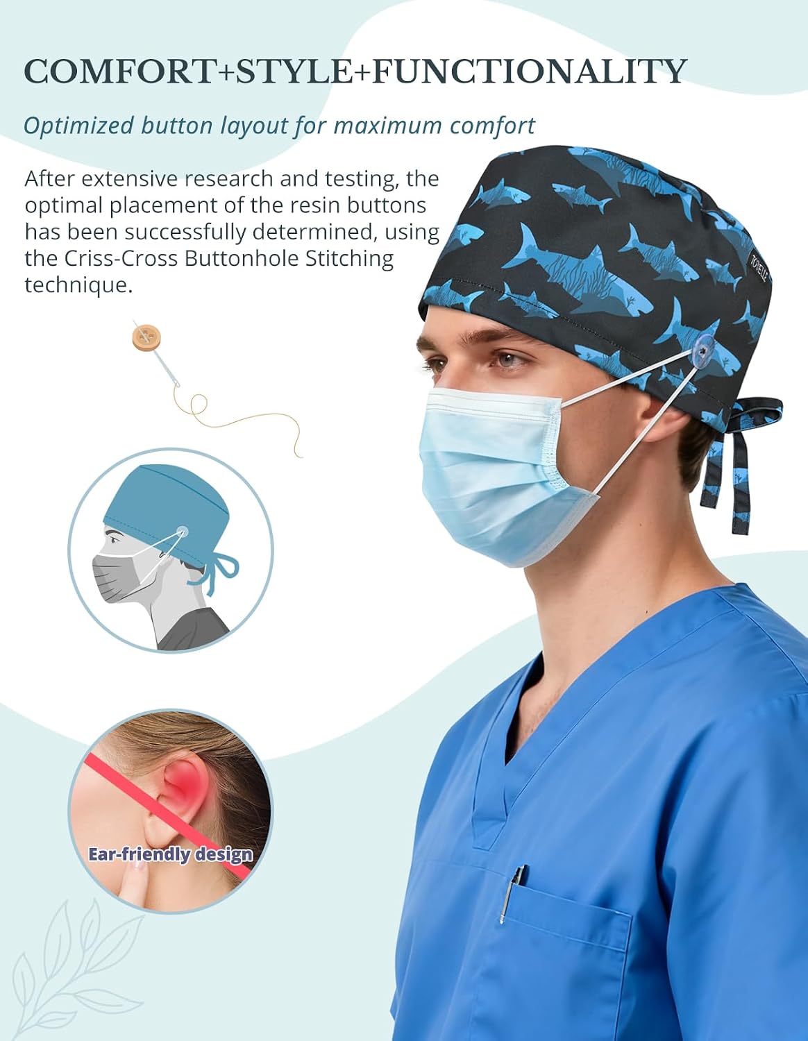 Tie-Back Scrub Cap with Button and Sweatband Modern Classic, Black Shark Print Double-Sided Adjustable Medical Hat for Men, Soft Comfortable, No-Slip for Long-Hour Wear