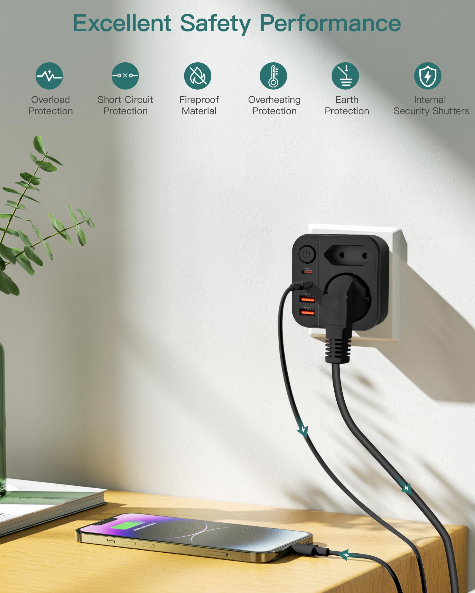 Kostka z gniazdem USB C, 4-gniazdowy adapter kostkowy wielofunkcyjny, 6 w 1 USB, listwa zasilająca, ładowarka biurkowa, szybkie ładowanie dla domu i biura, czarna