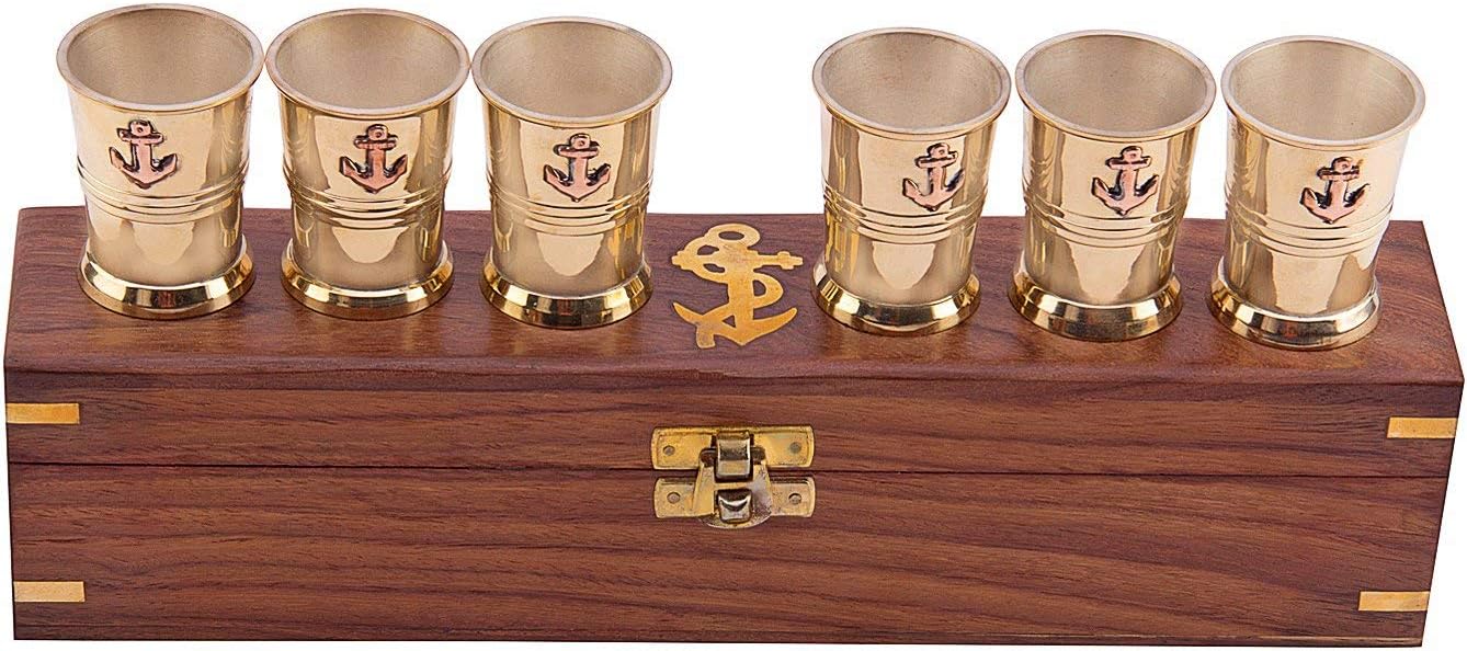 Antique brass shot glasses with anchor design & wooden box nautical decor for home, kitchen, and bar