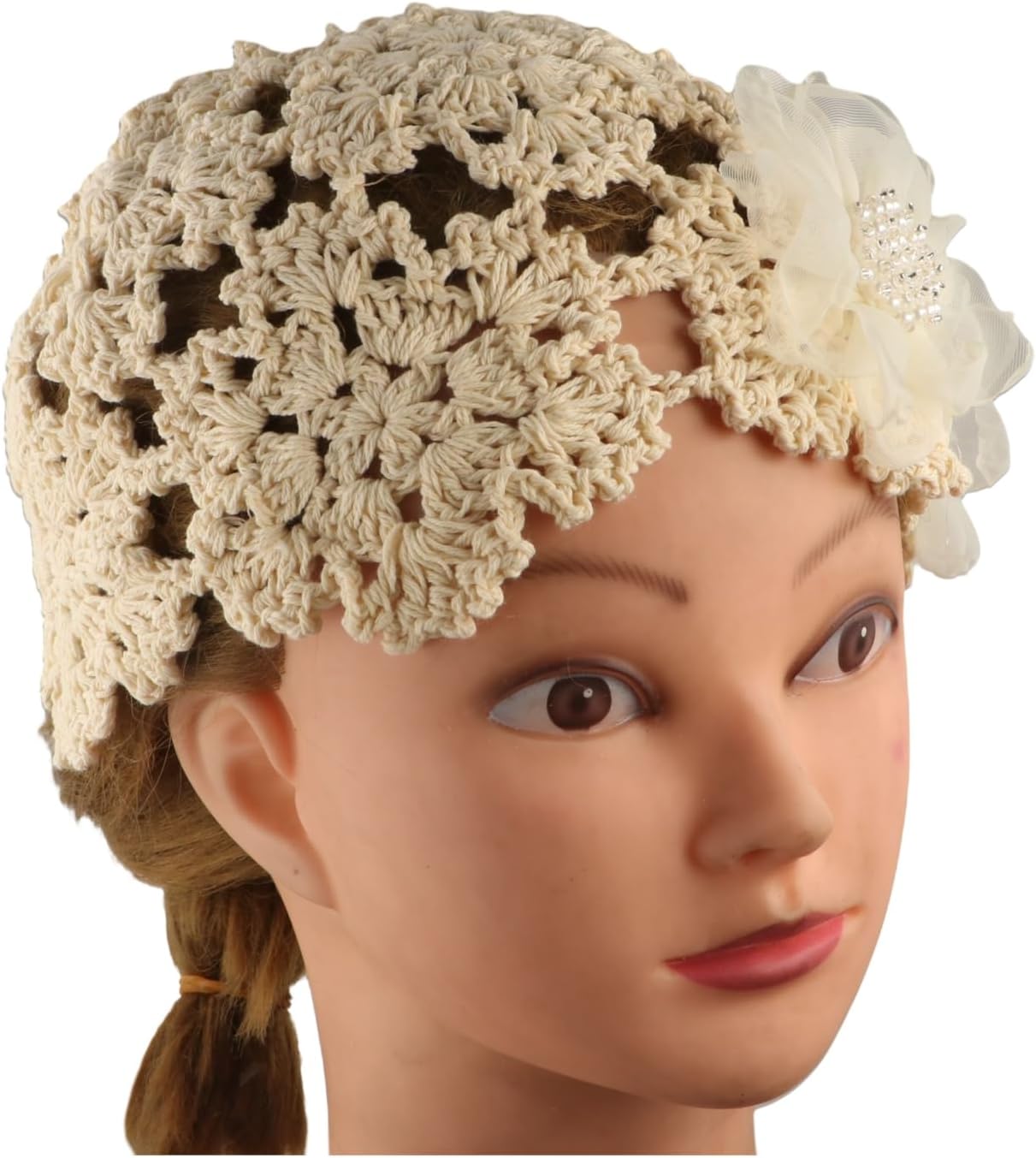 Women Flower Knitted Hat Cotton Crochet Skull Cap Handmade Knit Floral Beanie Hat Stretchy Knitted Crochet Hat Beige - Image 4