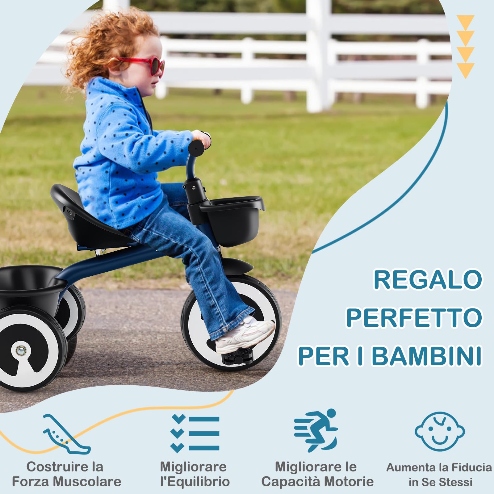 COSTWAY Triciclo per Bambini, Trike con Sede Regolabile Cestini Anteriori e Posteriori, Bicicletta a 3 Ruote con Telaio in Ferro Carbonioso di Alta Resistenza, per Bambini 1,5-5 Anni (Blu)