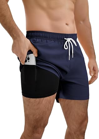 YnimioAOX Mens Swim Trunks 5 Inch with Compression Liner 2 in 1 Quick Dry Swimming Shorts Bathing Suits with Pockets