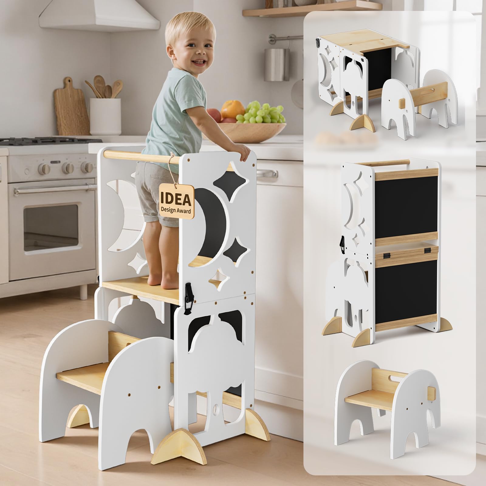 COSYLAND Torre Educativa Bambini, 4-in-1, L, Bianco e Naturale | Piedini anti-ribaltamento, gradini antiscivolo, aiuta a partecipare alle attività in cucina