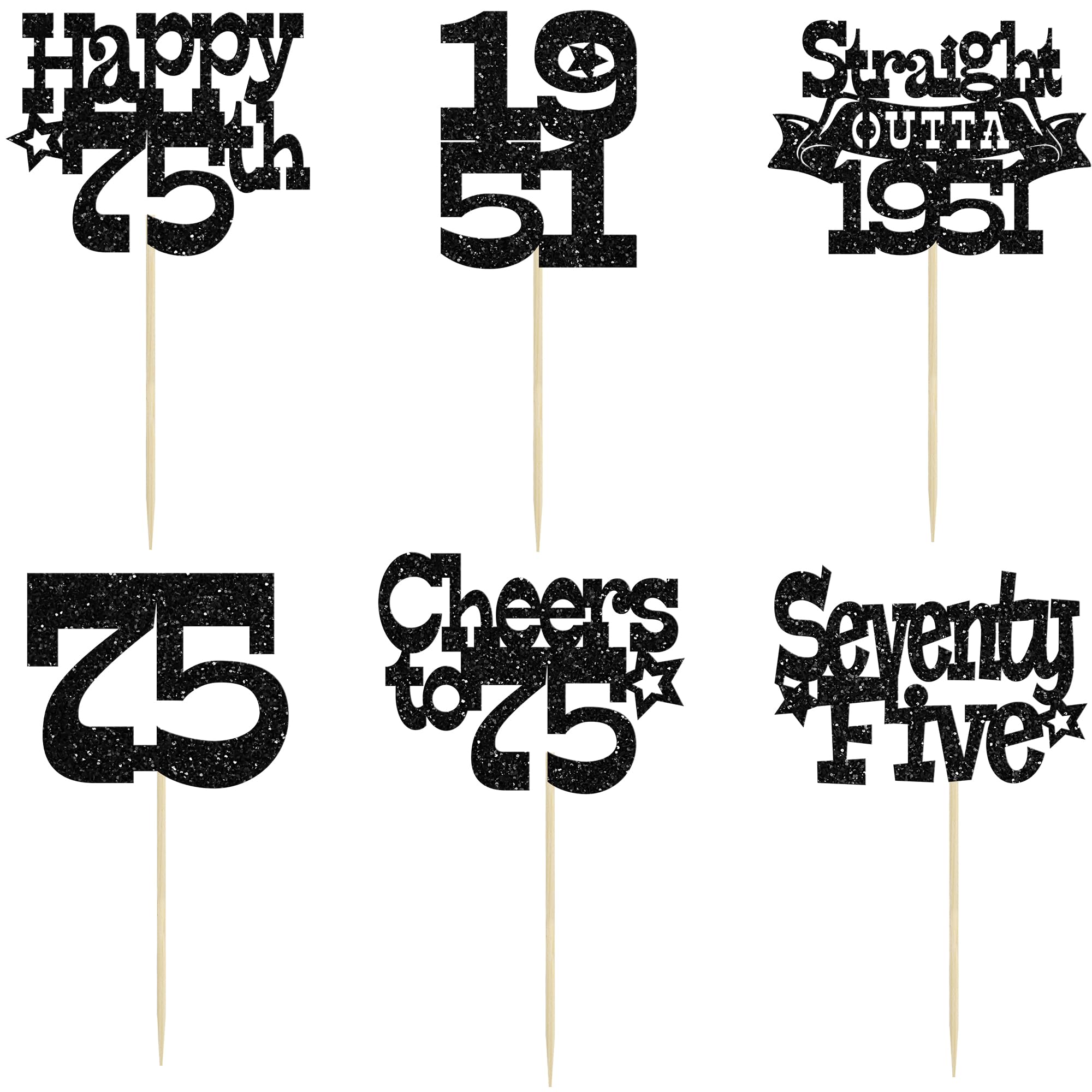 Ephlyn 30Pcs Straight Outta 1951 Cupcake Toppers Glitter Seventy Happy 75th Birthday Cupcake Picks Cheers to 75 Years Cake Decorations for Happy 75th Birthday Anniversary Party Supplies Black - Image 3